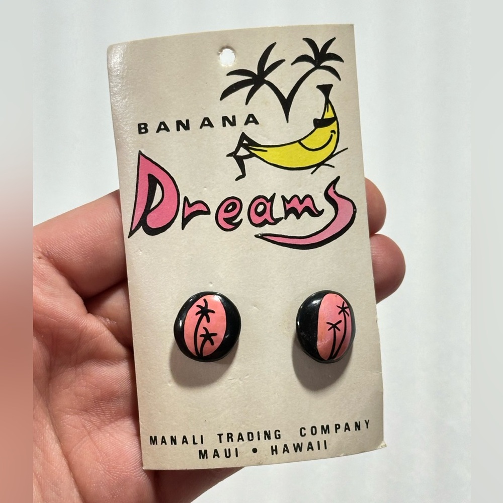 Dead Stock Maui Hawaii Hand Painted Wood Post Earrings Coconut Girl Tropical